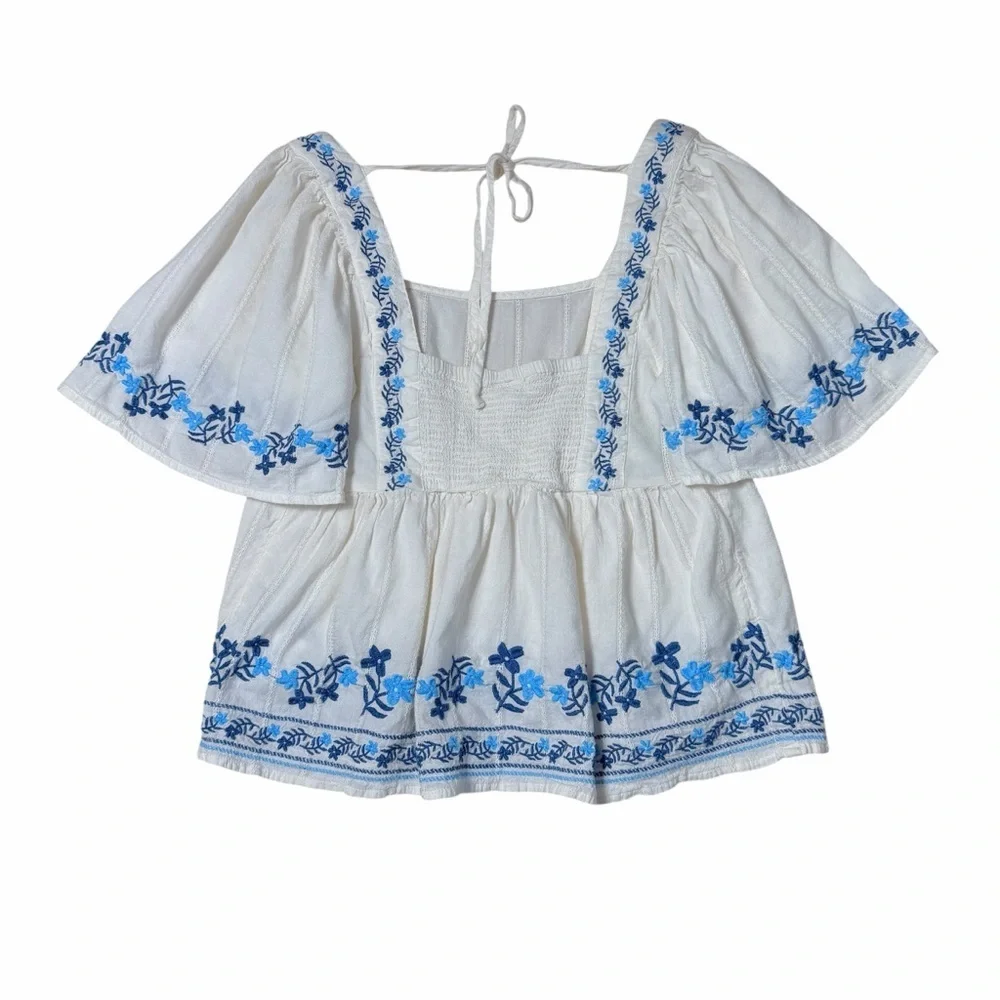 Old Navy White & Blue Embroidered Blouse Womens XS - Picture 9 of 9